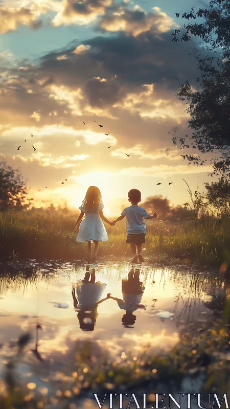 Two children holding hands in shallow water with backlighting and golden hour atmospheric conditions