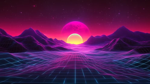 Neon wireframe horizon under dual synthwave suns glow.