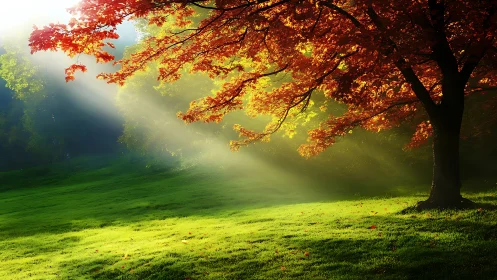 Autumn maple tree with sunbeams illuminating dewy grass field