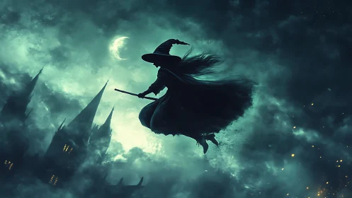 Silhouetted witch flying over gothic towers at night sky.