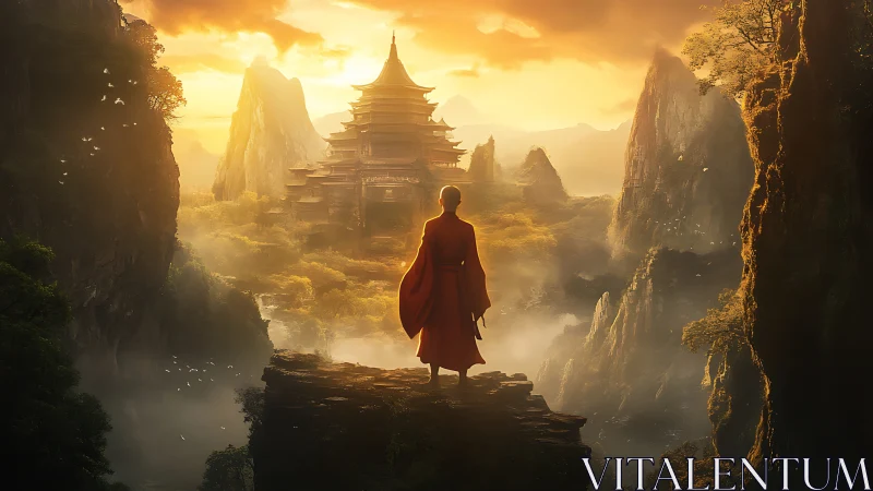 Golden sunrise welcomes a monk above a misty valley temple