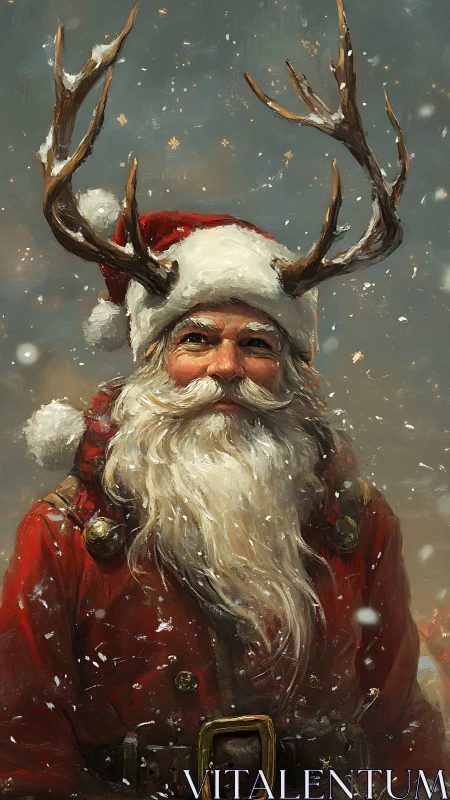 Regal winter saint with reindeer antlers in snowfall.