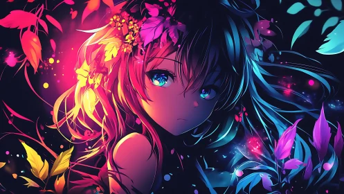 Neon-lit anime girl portrait with abstract floral elements.