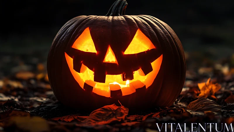 Glowing jack o lantern casts warm light on autumn leaves.