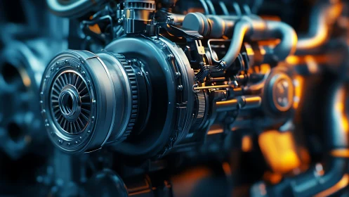 Rendered turbocharged engine assembly in colored light.