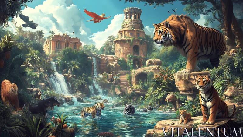 Constructed Fantasy Landscape with Architectural Structures and Wildlife.