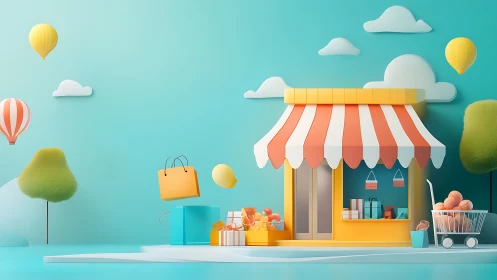 Low-poly street storefront with floating retail elements.