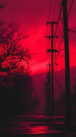 Utility poles and wet street recede under saturated red sky