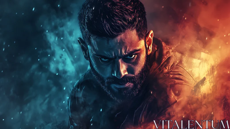 Intense male portrait splits between cold blue and hot orange light