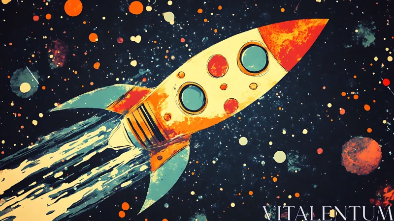 Retro-styled rocket illustration accelerates through stylized space