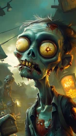 Gaunt wide-eyed zombie wanders through neon-lit ruined street