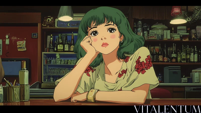 Pensive green haired woman at nostalgic anime bar counter.