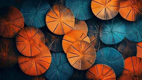 Abstract close-up of orange and blue wood log cross-sections in pattern.