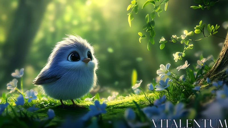 Adorable Fluffy Bird in Enchanted Forest, Digital Art Style.