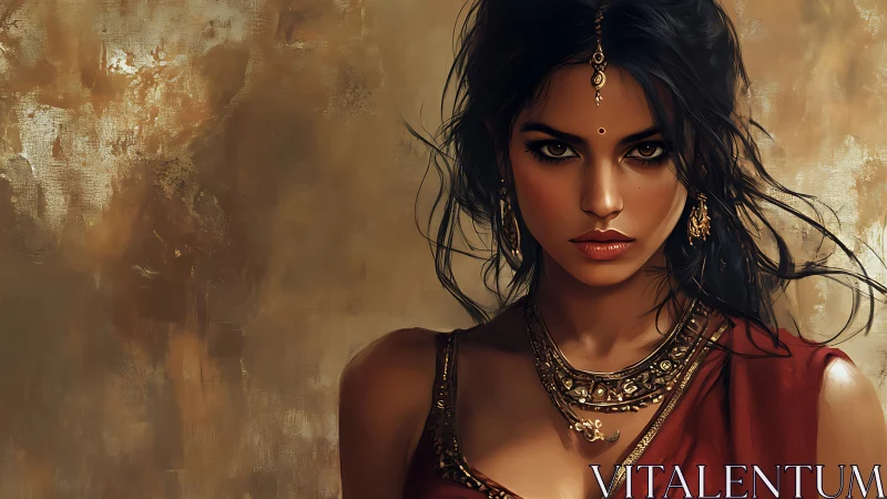 Regal woman in traditional attire with gold jewelry, digital art.