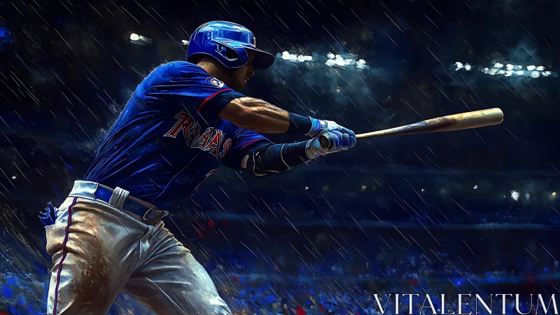 Right-handed baseball batter swinging under stadium rain lights