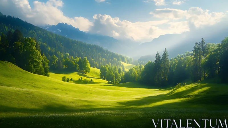 Morning light gently embraces peaceful mountain meadows