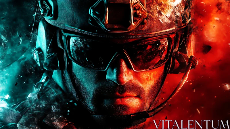 Tactical soldier portrait with split cyan red explosive lighting