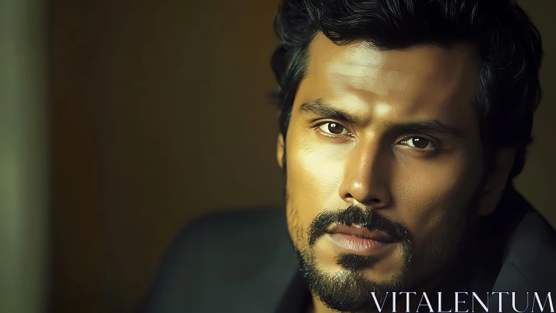 Digital portrait close-up with cinematic low-key lighting aesthetics.