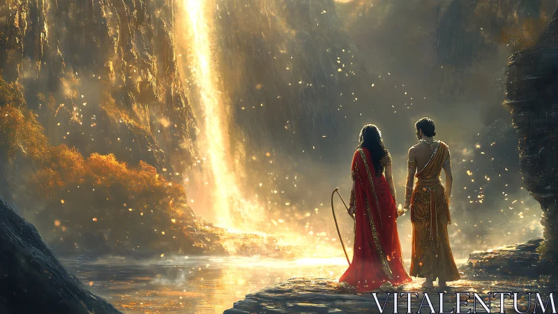 Mythic couple overlooks radiant waterfall in golden dusk.