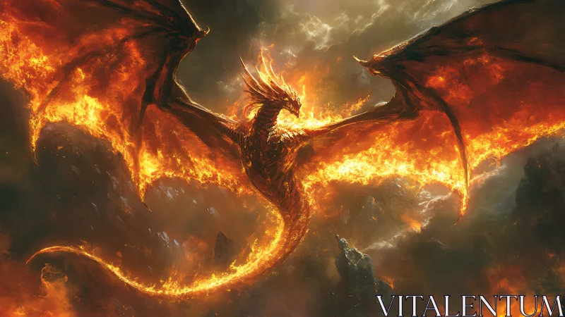 Firelit sky dancer, a blazing dragon in stormy twilight.