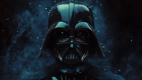 Specular-lit black respirator helmet in volumetric nebula field.