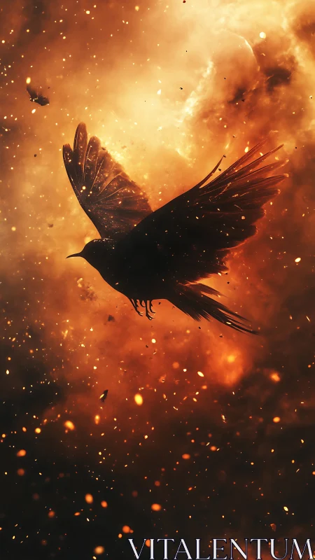 Corvid silhouette traversing thermodynamic inferno plume field.