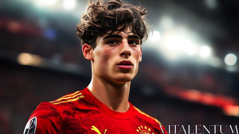 Stadium lights crown a focused young footballer in red.