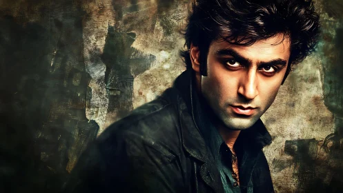 Intense brooding portrait framed by textured grunge backdrop.