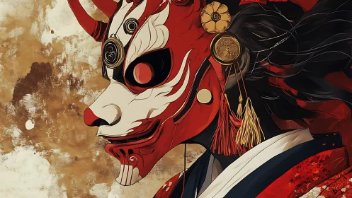 Demonic samurai mask portrait with red lacquered armor detail.