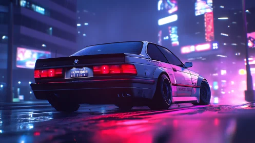 Modified BMW coupe is parked on wet neon city street at night