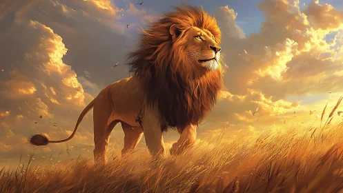 Lion stands in golden field under dramatic sunset clouds