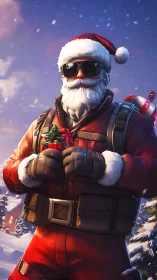 Tactical Santa operative in winter gear holding festive payload.