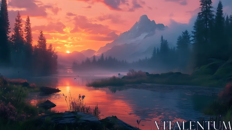 Ember-drenched mountain lake dreaming beneath violet dawn.