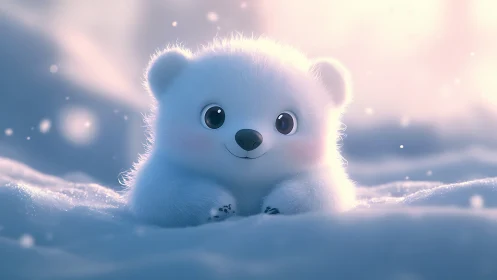 Snowy baby polar bear rendered in soft pastel lighting.
