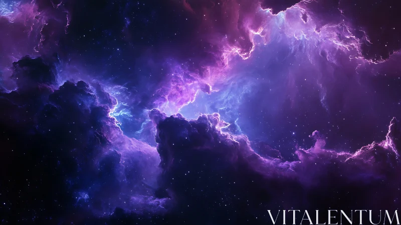 Vivid purple nebula clouds form glowing cosmic void.