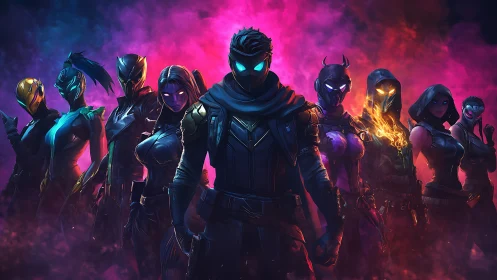 Neon-shadowed heroes gathering in a storm of color.