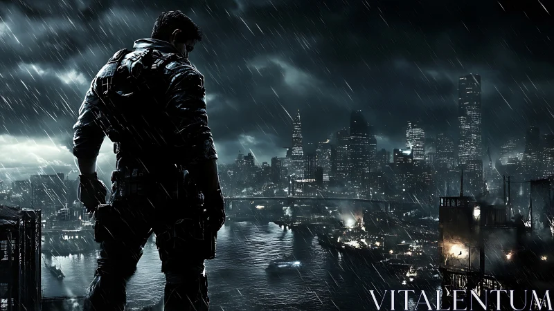 Armored figure overlooking dense city skyline in heavy rain.