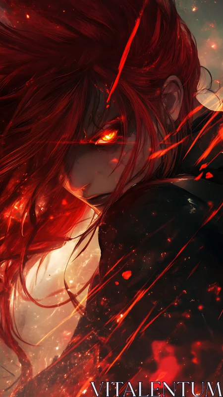 Fierce red‑haired warrior turns with blazing, fiery gaze