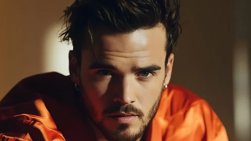 Male subject portrait in warm light with orange clothing.