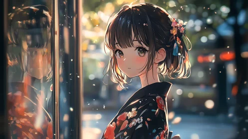 Kimono-clad girl in sunset bokeh beside reflective glass pane.
