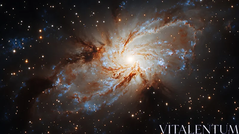 Dazzling spiral galaxy glows warmly amid a star filled sky
