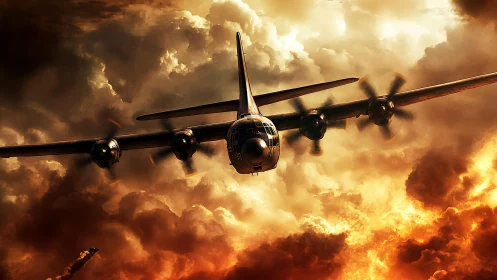 Thunderous warbird carves a molten sky corridor at dusk