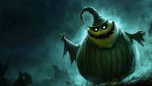 Grinning pumpkin monster looms in eerie teal Halloween mist