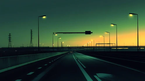Empty neon highway curves into a calm green twilight horizon