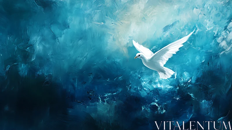 White bird in dynamic teal brushstroke vortex demonstrates tonal contrast