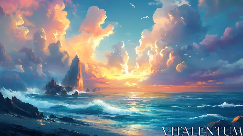 Coastal seascape with rock formations at sunset horizon.