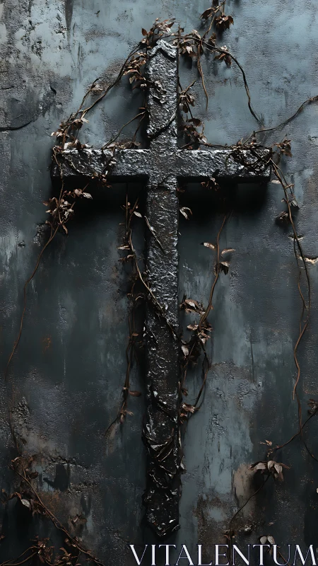 Weathered metal cross with dried vines on textured wall