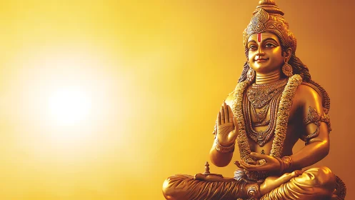 Golden seated deity statue against uniform yellow background.