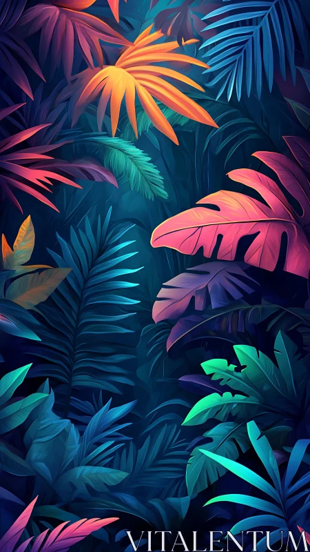 Neon tropical foliage rendered in vibrant digital chiaroscuro